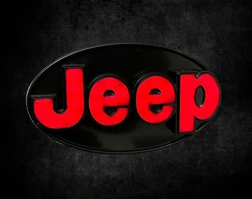 AUTOGEM Jeep Officially Licensed LED Lighted Hitch Cover – Red LED Logo – Black Finish – Fits 2" Receiver
