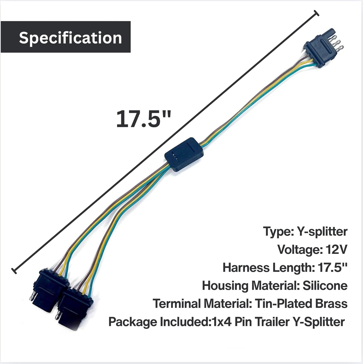 AUTOGEM Universal 4-Way Flat Y-Splitter Trailer Light Adapter with 17.5 Inch Extension Harness