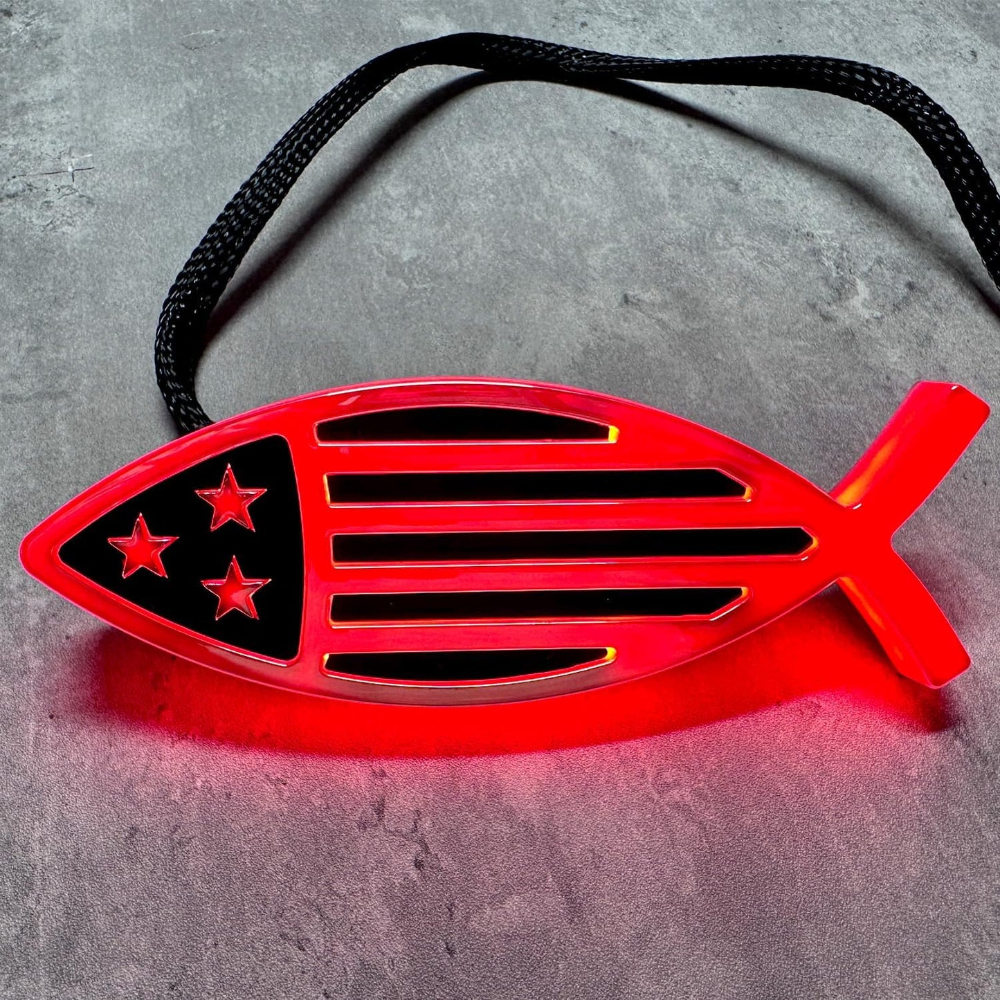 AUTOGEM LED Cross Fish Tailgate Emblem with USA Flag - Chrome Finish