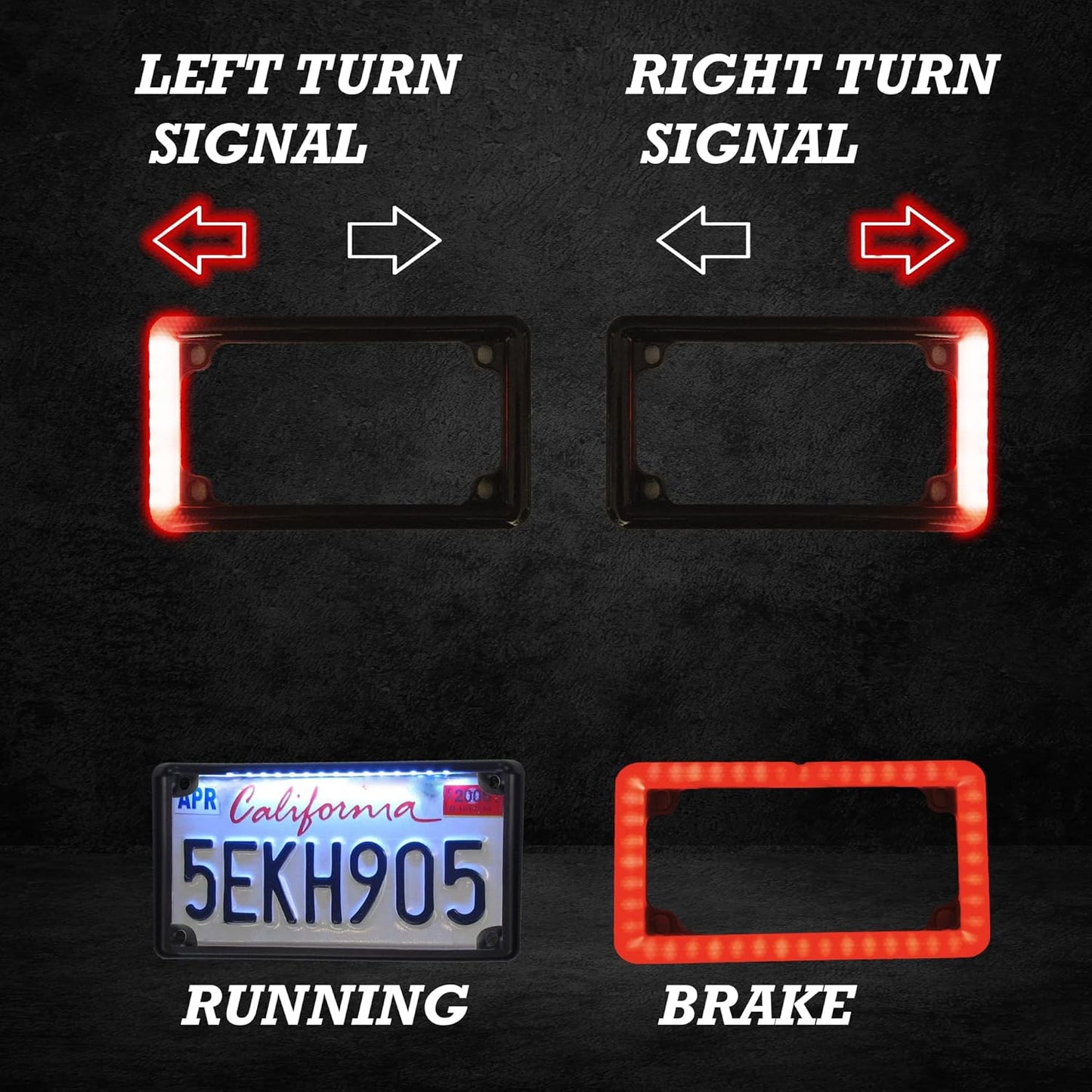 AUTOGEM Universal LED Motorcycle License Plate Frame 4 Function Running Brake Turn Signal Light Black