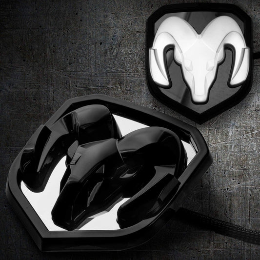 AUTOGEM 2013–2018 RAM 1500 2500 3500 LED Lighted Front Grille Emblem – White LED Black Chrome Finish