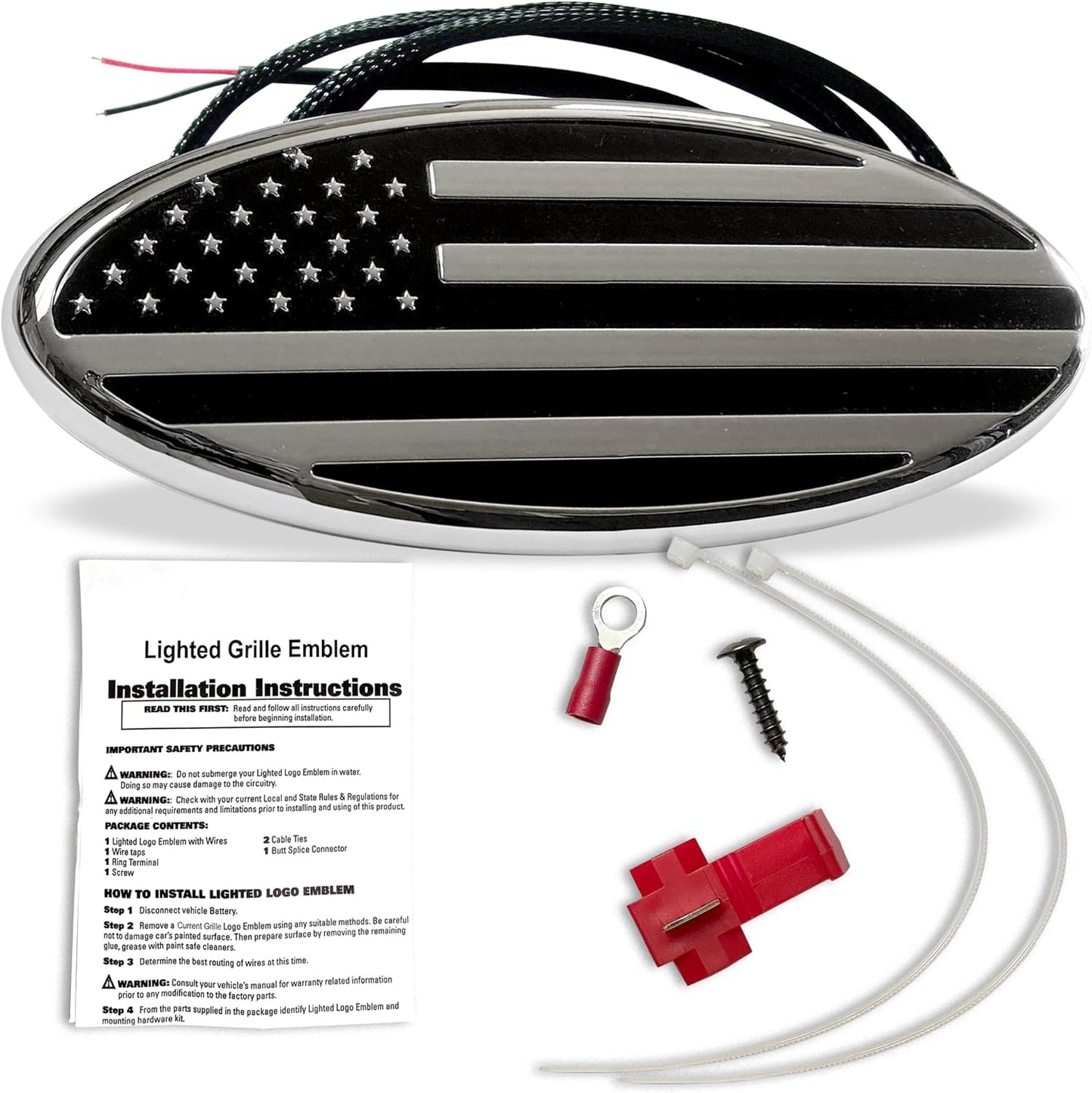 AUTOGEM 9" LED Lighted Oval American Flag Emblem Chrome Finish for Ford F150, F250, F350 (9-Inch)