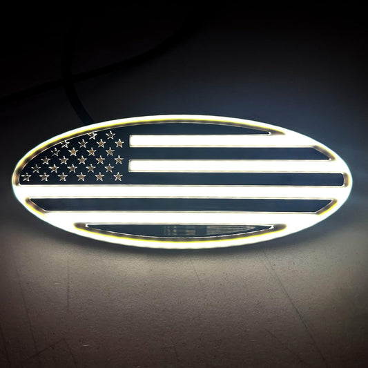 AUTOGEM 9" Lighted American Flag Grille Emblem – Black LED Oval Badge for Ford F150 F250 F350