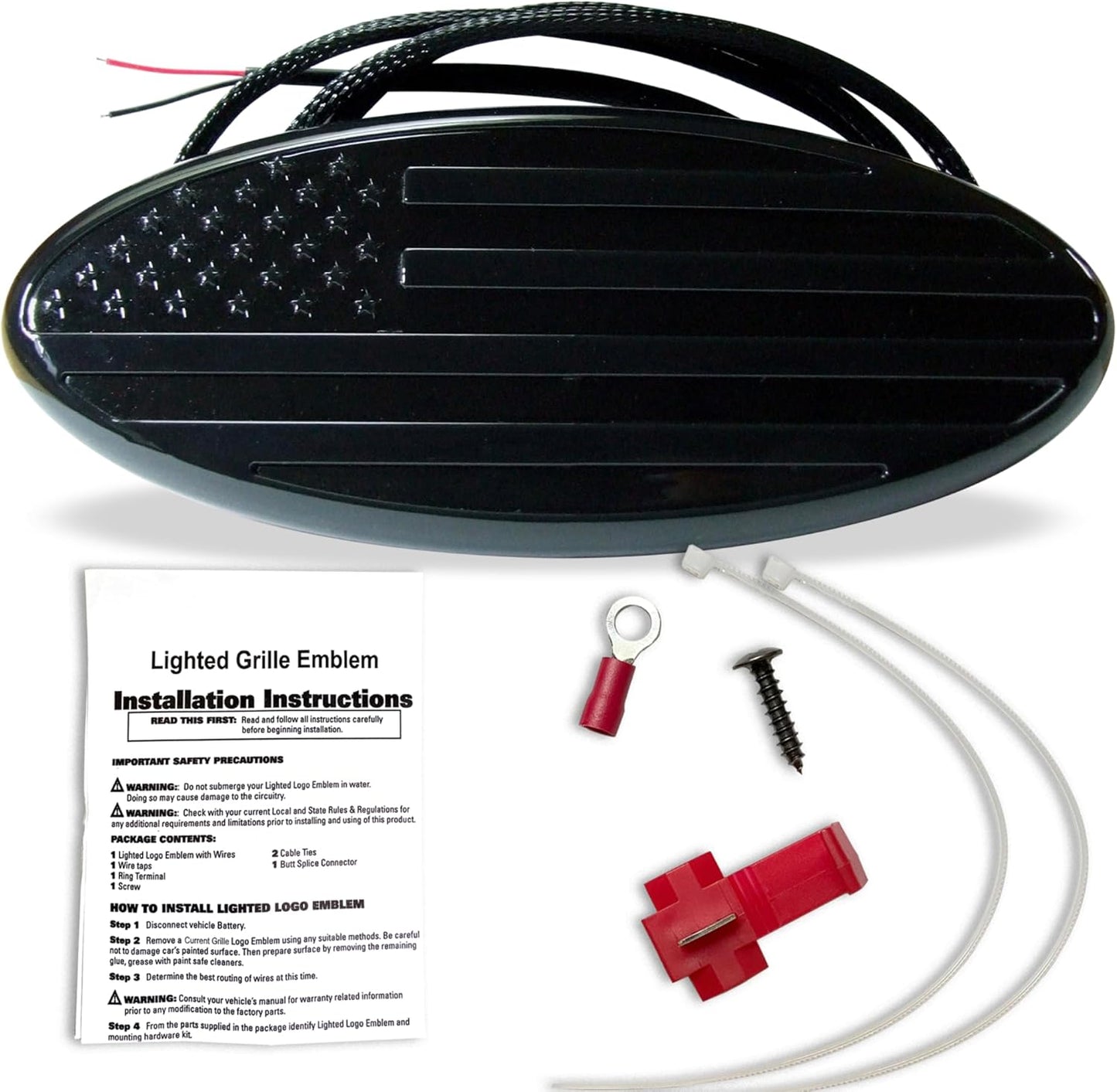 AUTOGEM 9" Lighted American Flag Grille Emblem – Black LED Oval Badge for Ford F150 F250 F350