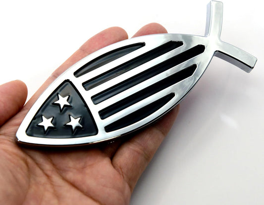 AUTOGEM Chrome Jesus Fish Emblem with USA Flag